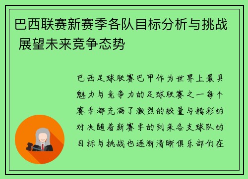 巴西联赛新赛季各队目标分析与挑战 展望未来竞争态势